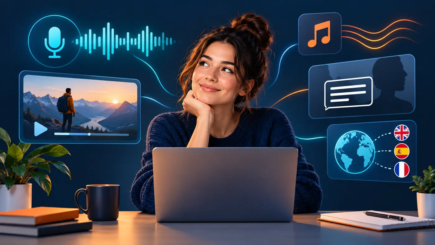 Content creator using AI tools for voice, video, music, captions and translation