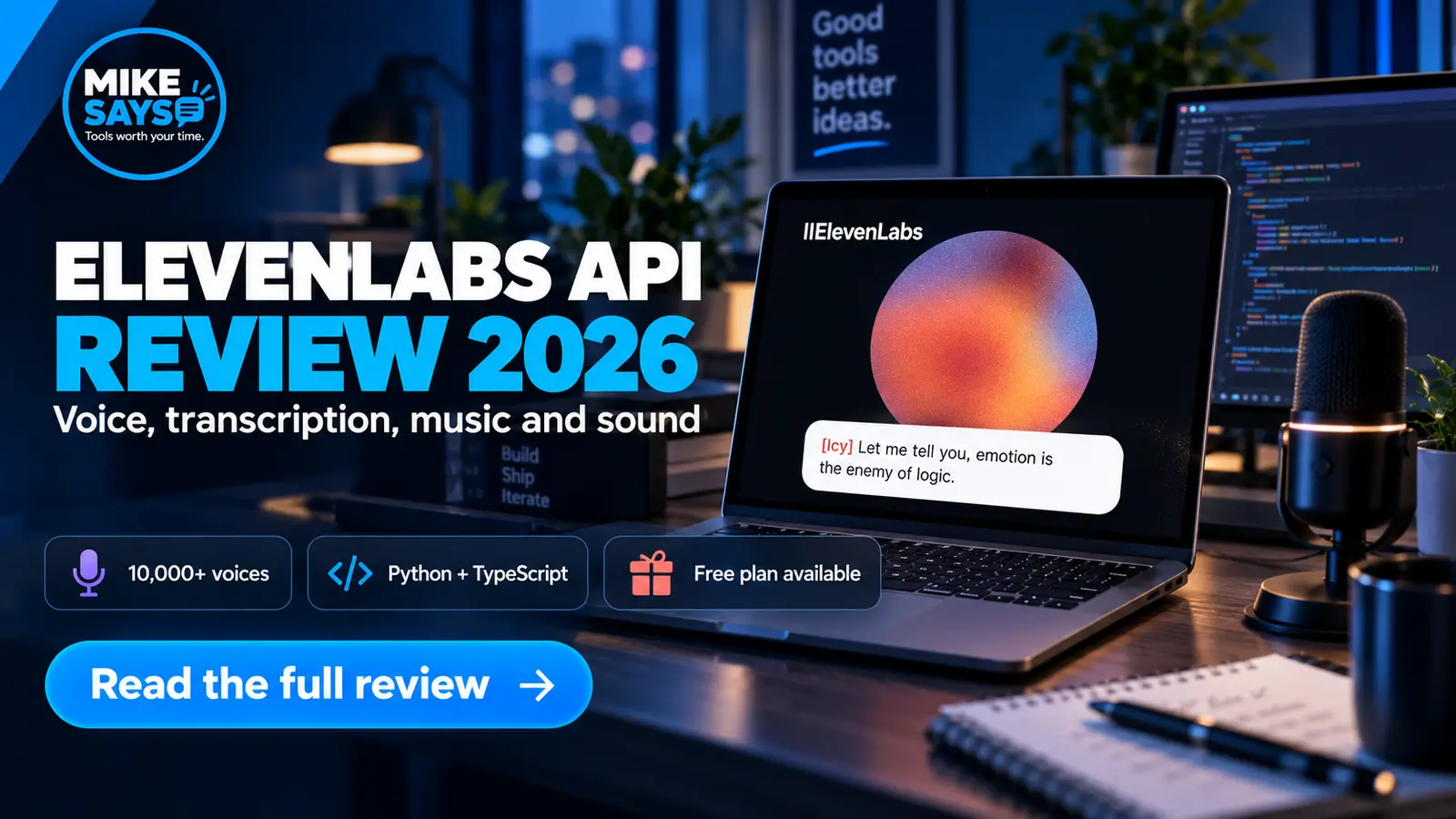 Mike Says ElevenLabs API review showing the official ElevenLabs speech visual on a developer laptop