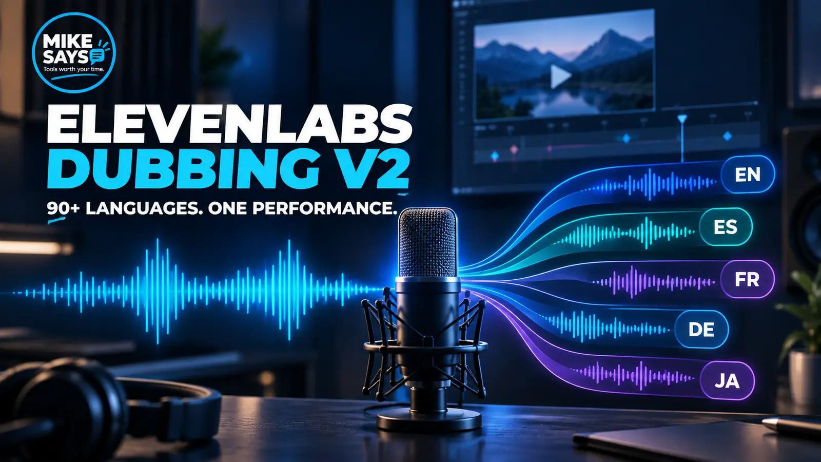 Mike Says review graphic for ElevenLabs Dubbing v2 showing one voice localised into several languages