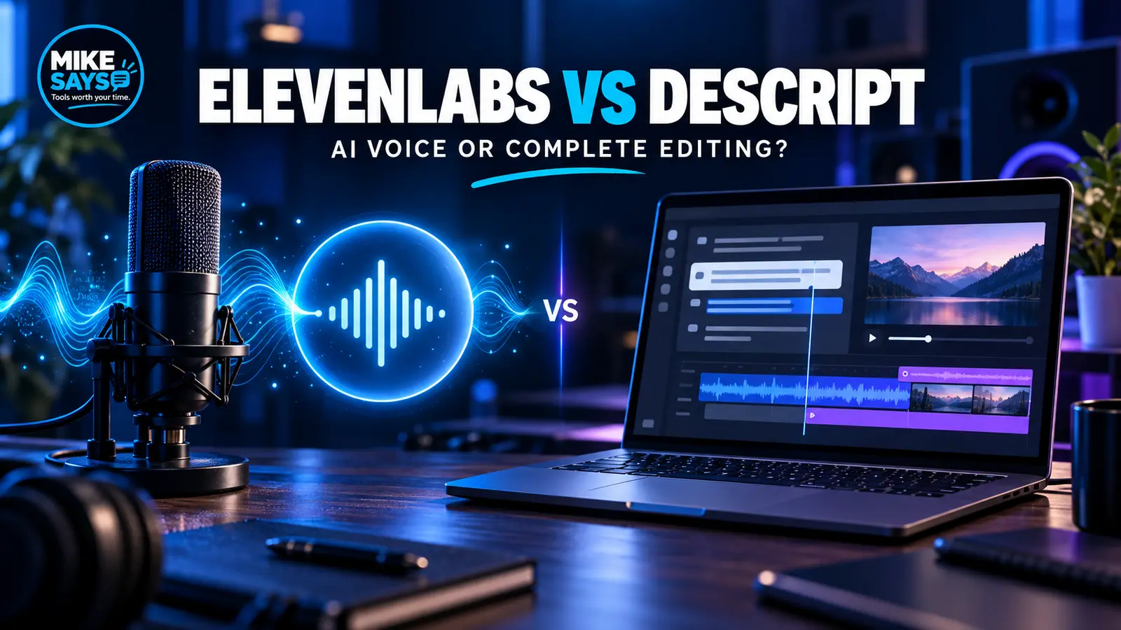 Mike Says ElevenLabs vs Descript comparison showing AI voice creation and transcript-based editing