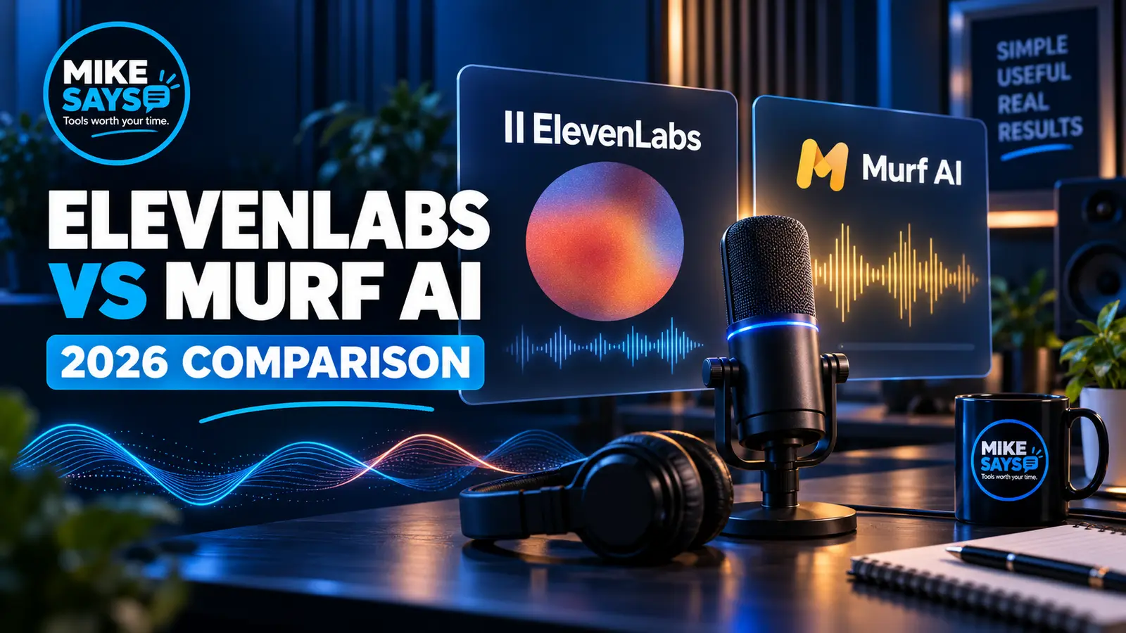 Mike Says ElevenLabs vs Murf AI 2026 comparison graphic with a studio microphone and audio waveforms