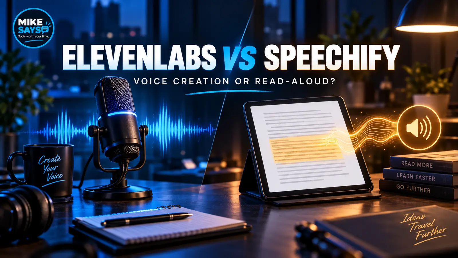 Mike Says ElevenLabs vs Speechify comparison with a studio microphone and reading tablet