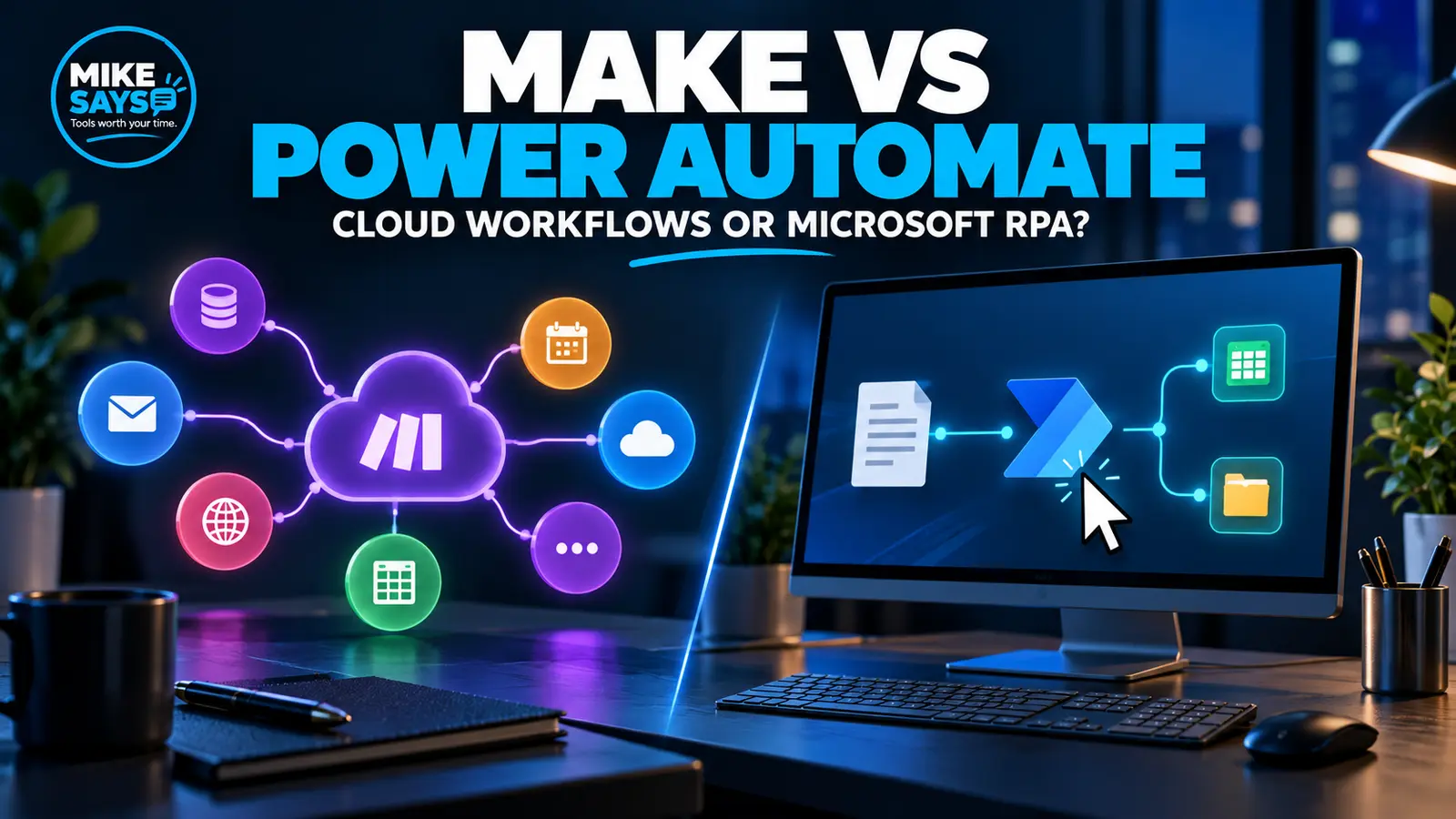 Mike Says Make vs Power Automate comparison showing visual cloud workflows and desktop automation
